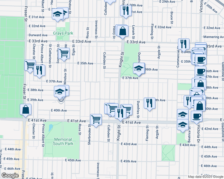 map of restaurants, bars, coffee shops, grocery stores, and more near 5380 Culloden Street in Vancouver