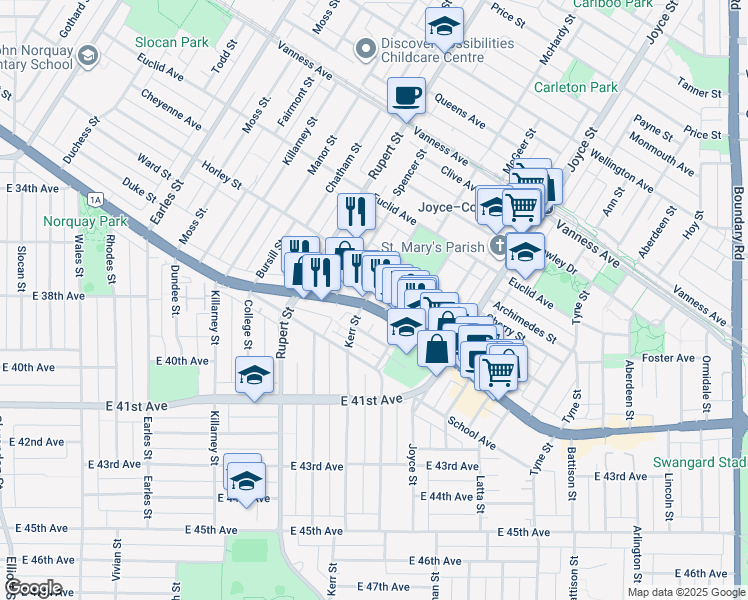 map of restaurants, bars, coffee shops, grocery stores, and more near in Vancouver