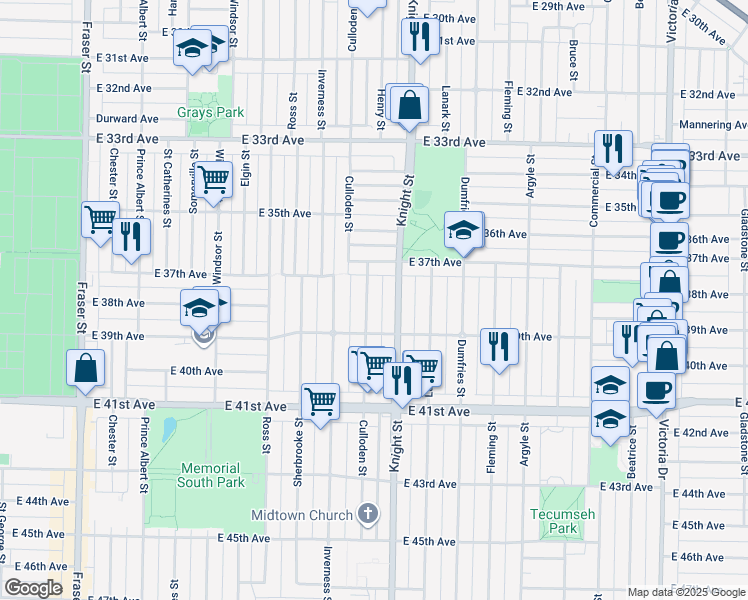 map of restaurants, bars, coffee shops, grocery stores, and more near 5378 Culloden Street in Vancouver