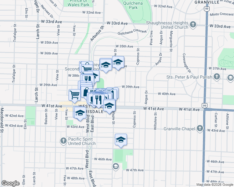 map of restaurants, bars, coffee shops, grocery stores, and more near 5584 Maple Street in Vancouver