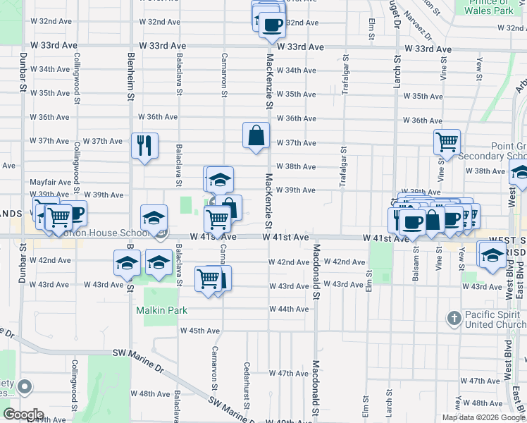 map of restaurants, bars, coffee shops, grocery stores, and more near 5591 Mackenzie Street in Vancouver