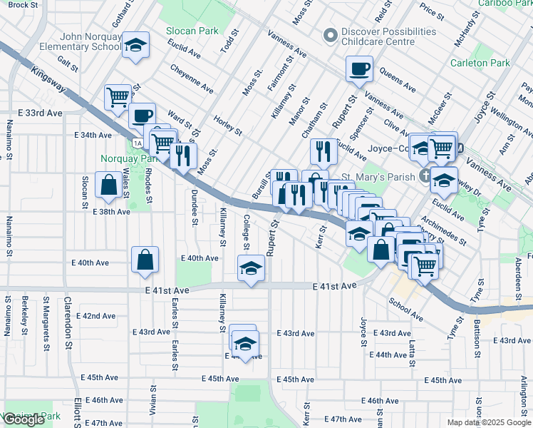 map of restaurants, bars, coffee shops, grocery stores, and more near in Vancouver