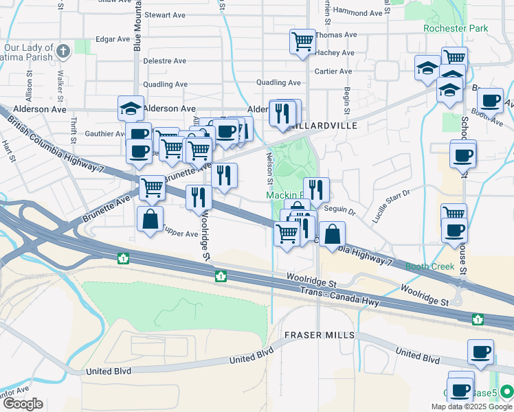 map of restaurants, bars, coffee shops, grocery stores, and more near 1075 Lougheed Highway in Coquitlam