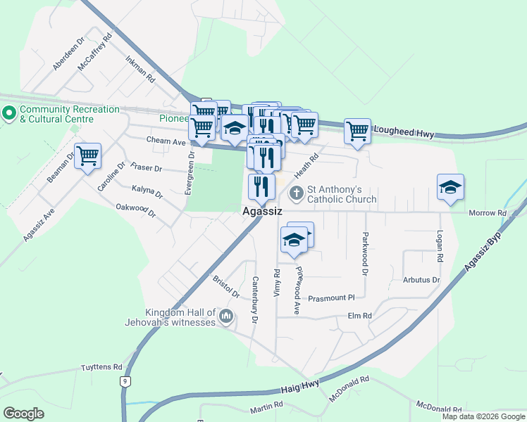 map of restaurants, bars, coffee shops, grocery stores, and more near in Agassiz