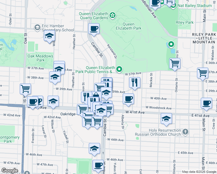 map of restaurants, bars, coffee shops, grocery stores, and more near 5480 Cambie Street in Vancouver