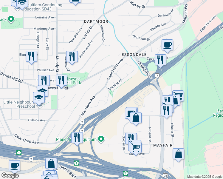 map of restaurants, bars, coffee shops, grocery stores, and more near 2378 Mariana Place in Coquitlam