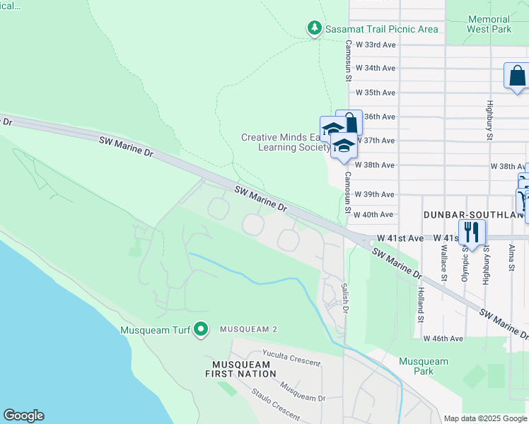 map of restaurants, bars, coffee shops, grocery stores, and more near 4290 Salish Drive in Vancouver
