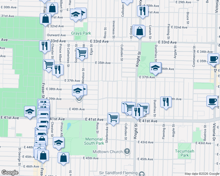 map of restaurants, bars, coffee shops, grocery stores, and more near 5388 Sherbrooke Street in Vancouver