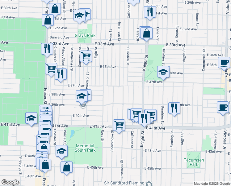 map of restaurants, bars, coffee shops, grocery stores, and more near 5388 Sherbrooke Street in Vancouver