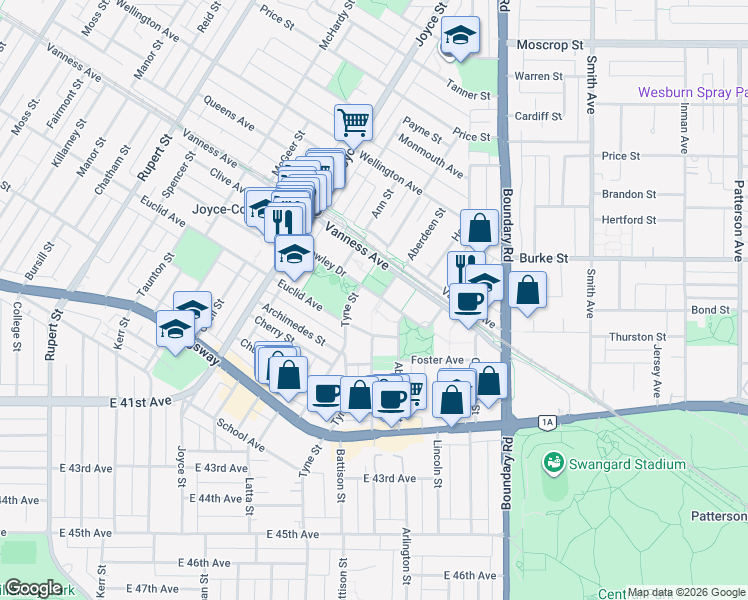 map of restaurants, bars, coffee shops, grocery stores, and more near 3520 Crowley Drive in Vancouver
