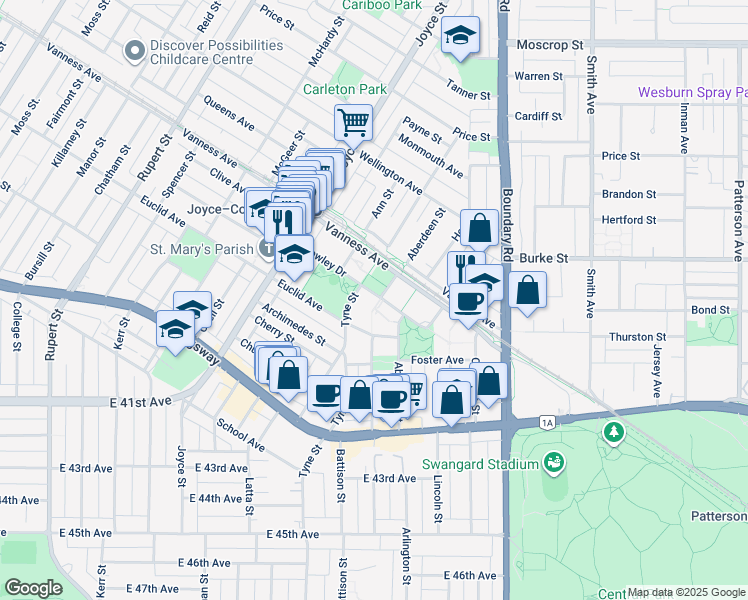 map of restaurants, bars, coffee shops, grocery stores, and more near 3520 Crowley Drive in Vancouver
