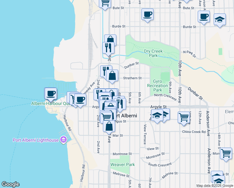 map of restaurants, bars, coffee shops, grocery stores, and more near 4916 Athol Street in Port Alberni