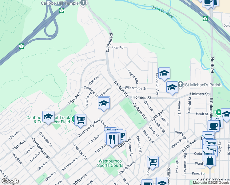 map of restaurants, bars, coffee shops, grocery stores, and more near 8935 Monroe Avenue in Burnaby