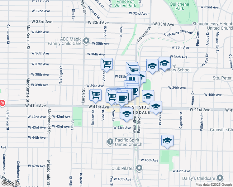 map of restaurants, bars, coffee shops, grocery stores, and more near 2195 West 40th Avenue in Vancouver