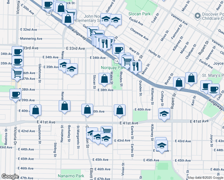map of restaurants, bars, coffee shops, grocery stores, and more near 5407 Wales Street in Vancouver