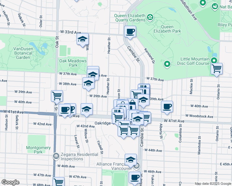 map of restaurants, bars, coffee shops, grocery stores, and more near 5469 Manson Street in Vancouver