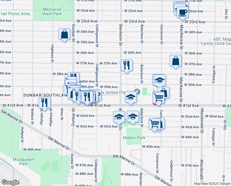 map of restaurants, bars, coffee shops, grocery stores, and more near 3337 West 40th Avenue in Vancouver