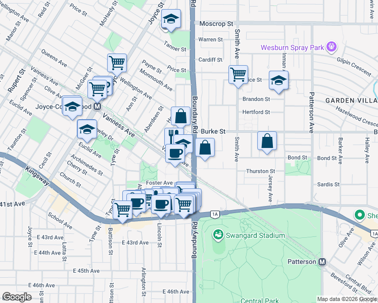 map of restaurants, bars, coffee shops, grocery stores, and more near in Vancouver