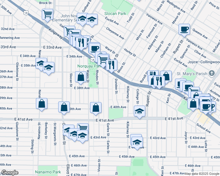 map of restaurants, bars, coffee shops, grocery stores, and more near 5382 Earles Street in Vancouver