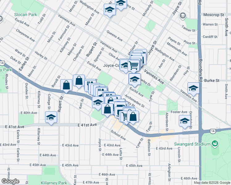 map of restaurants, bars, coffee shops, grocery stores, and more near 5350 Cecil Street in Vancouver