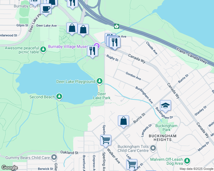 map of restaurants, bars, coffee shops, grocery stores, and more near 5340 Sperling Avenue in Burnaby