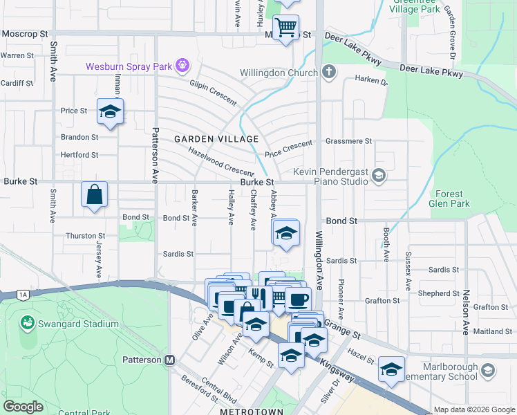 map of restaurants, bars, coffee shops, grocery stores, and more near 5366 Chaffey Avenue in Burnaby