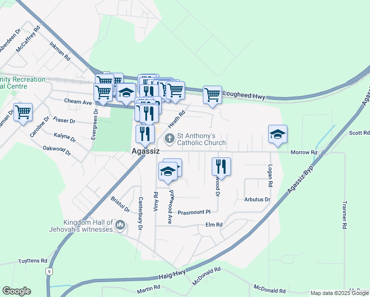 map of restaurants, bars, coffee shops, grocery stores, and more near 7291 Morrow Road in Agassiz