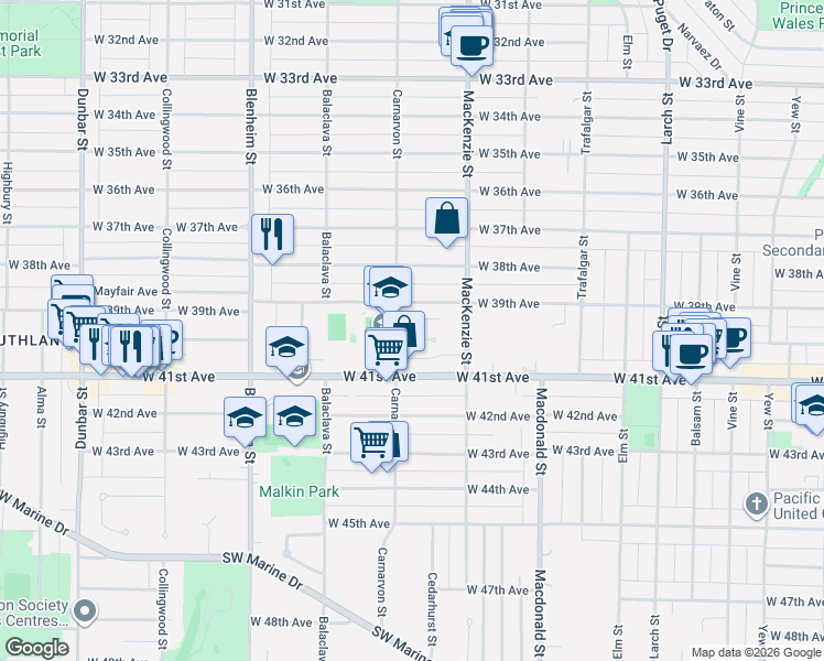 map of restaurants, bars, coffee shops, grocery stores, and more near 2987 West 40th Avenue in Vancouver