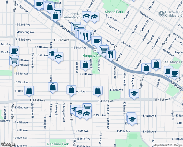 map of restaurants, bars, coffee shops, grocery stores, and more near 5403 Wales Street in Vancouver