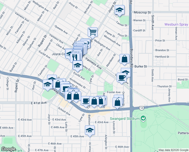 map of restaurants, bars, coffee shops, grocery stores, and more near 3520 Crowley Drive in Vancouver