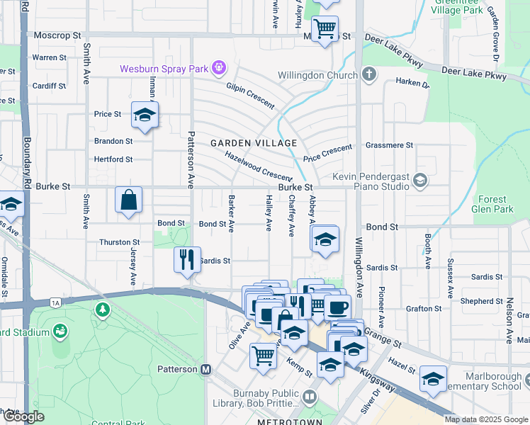 map of restaurants, bars, coffee shops, grocery stores, and more near 5321 Halley Avenue in Burnaby