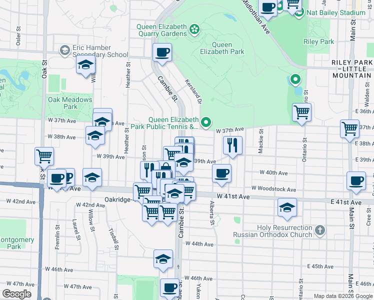 map of restaurants, bars, coffee shops, grocery stores, and more near 5440 Cambie Street in Vancouver
