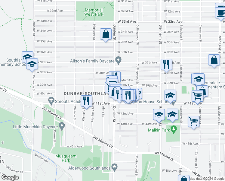 map of restaurants, bars, coffee shops, grocery stores, and more near 5555 Dunbar Street in Vancouver