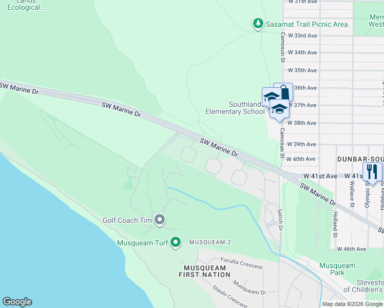 map of restaurants, bars, coffee shops, grocery stores, and more near 12 Sennok Crescent in Vancouver