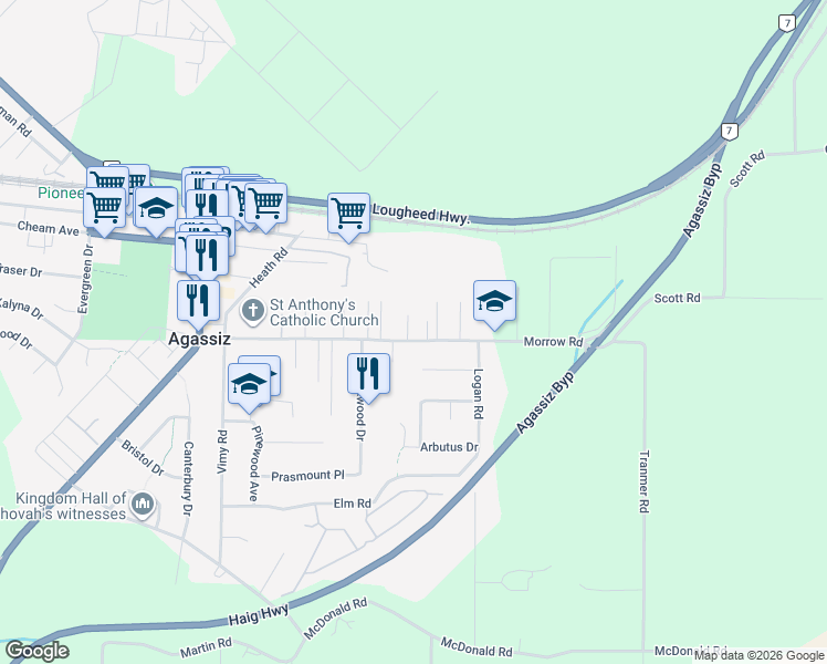 map of restaurants, bars, coffee shops, grocery stores, and more near 7479 Morrow Road in Agassiz