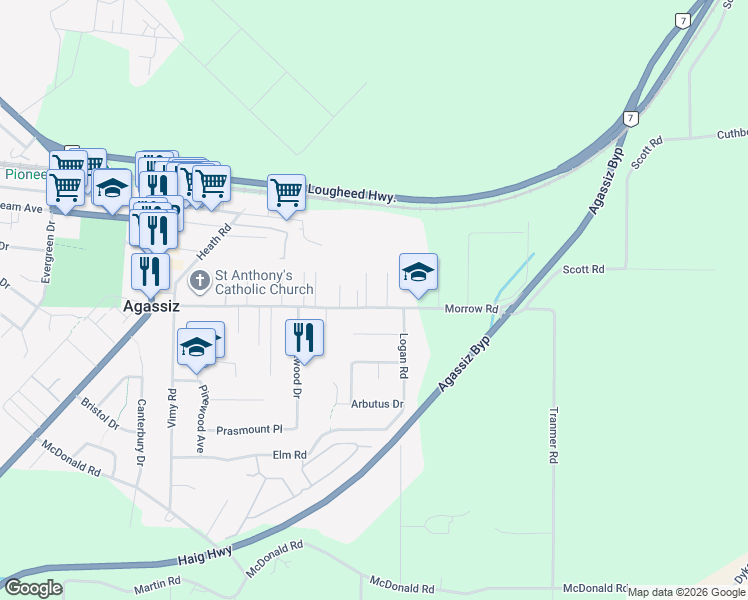 map of restaurants, bars, coffee shops, grocery stores, and more near 7519 Morrow Road in Agassiz