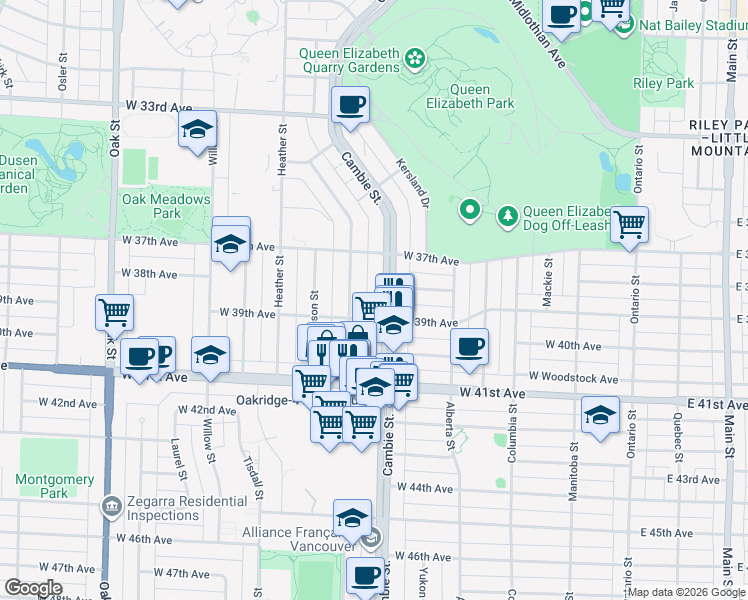 map of restaurants, bars, coffee shops, grocery stores, and more near 5449 Cambie Street in Vancouver