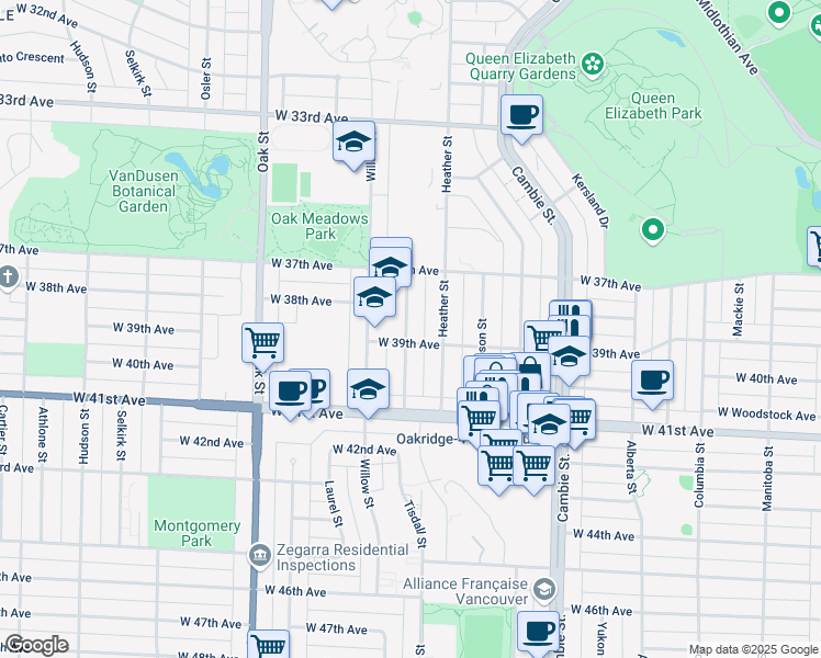 map of restaurants, bars, coffee shops, grocery stores, and more near 5470 Baillie Street in Vancouver