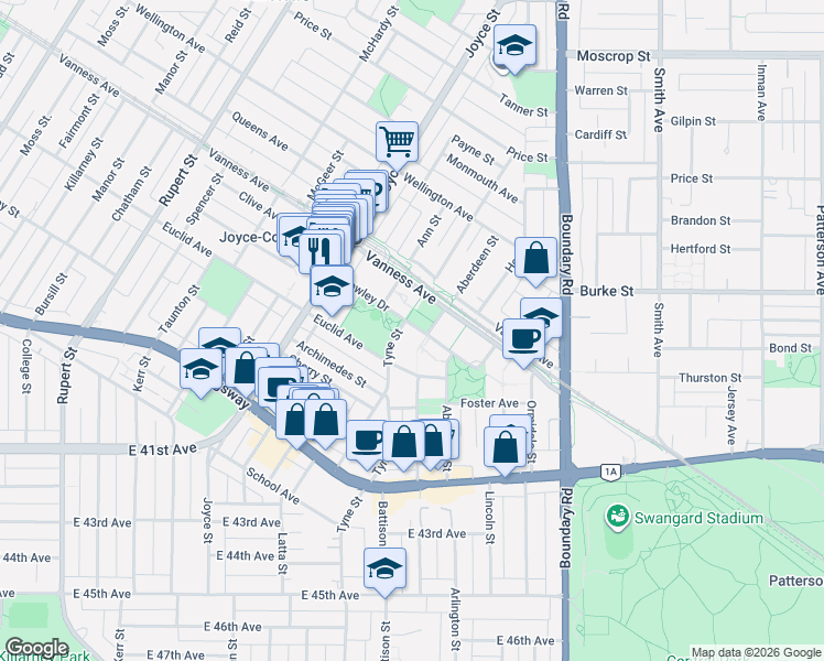 map of restaurants, bars, coffee shops, grocery stores, and more near 3500 Crowley Drive in Vancouver