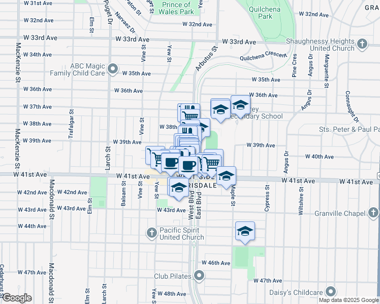 map of restaurants, bars, coffee shops, grocery stores, and more near 5511 West Boulevard in Vancouver