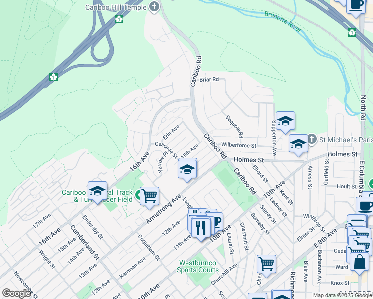 map of restaurants, bars, coffee shops, grocery stores, and more near 8879 15th Avenue in Burnaby
