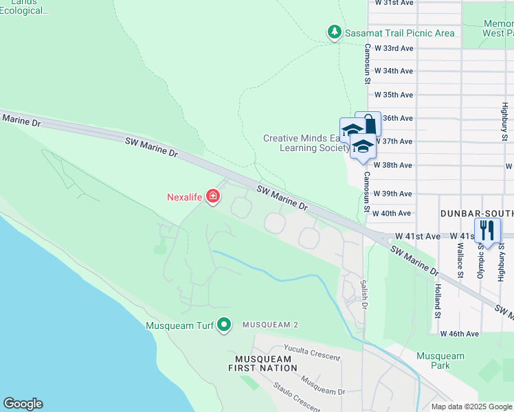 map of restaurants, bars, coffee shops, grocery stores, and more near 2 Sennok Crescent in Vancouver