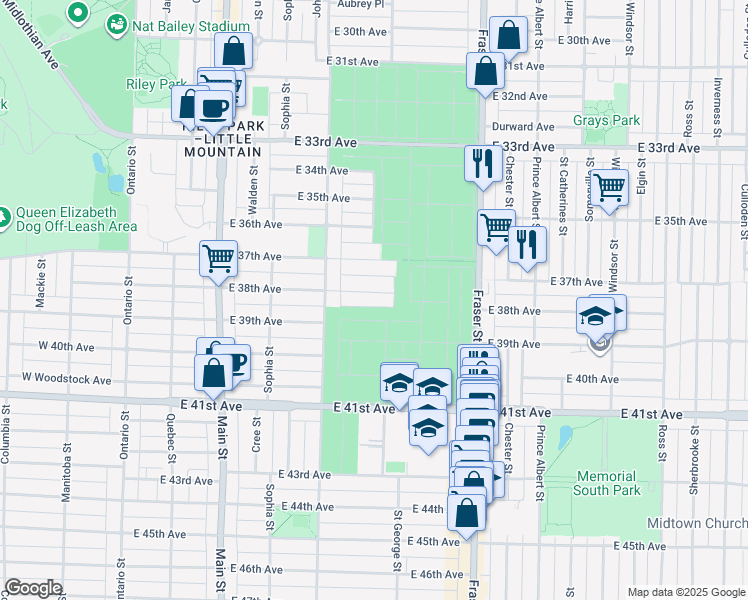 map of restaurants, bars, coffee shops, grocery stores, and more near 456 East 38th Avenue in Vancouver
