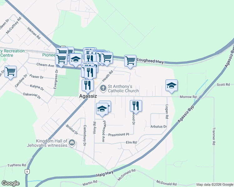 map of restaurants, bars, coffee shops, grocery stores, and more near 7309 Morrow Road in Agassiz