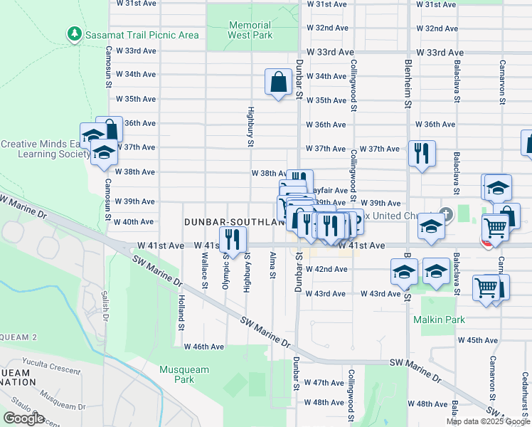 map of restaurants, bars, coffee shops, grocery stores, and more near 5559 Alma Street in Vancouver
