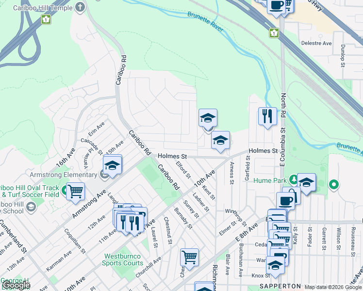 map of restaurants, bars, coffee shops, grocery stores, and more near 9150 Wilberforce Street in Burnaby