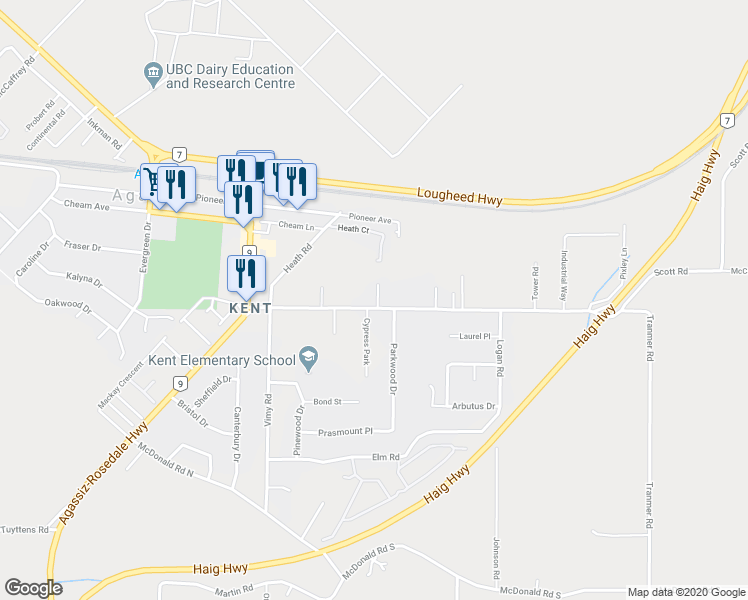 map of restaurants, bars, coffee shops, grocery stores, and more near 7365 Morrow Road in Agassiz