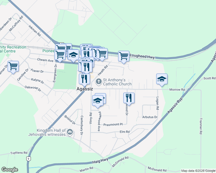 map of restaurants, bars, coffee shops, grocery stores, and more near 7309 Morrow Road in Agassiz