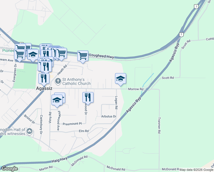 map of restaurants, bars, coffee shops, grocery stores, and more near 7519 Morrow Road in Agassiz