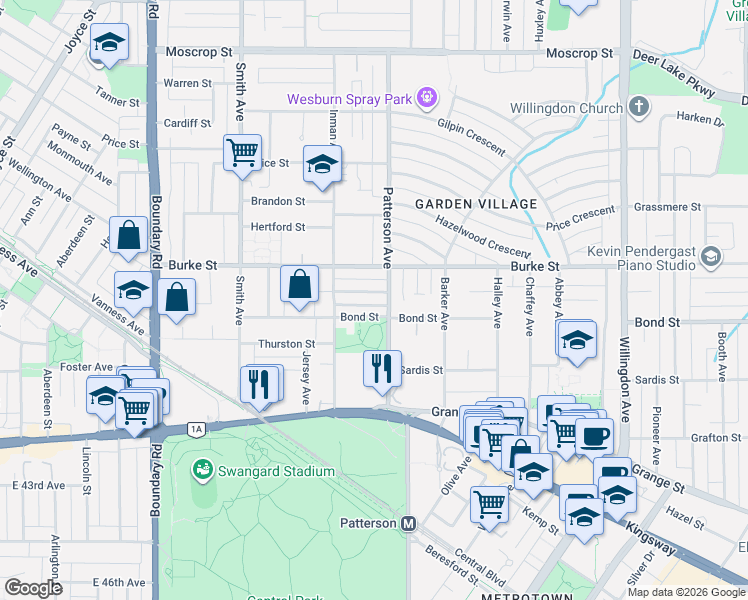 map of restaurants, bars, coffee shops, grocery stores, and more near 4078 Farrington Street in Burnaby